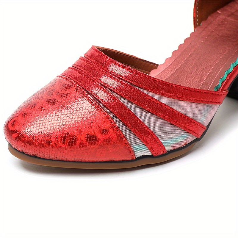 Rote Latein-Tanzschuhe für Damen – glänzende Kunstleder-Absätze mit Mesh-Einsätzen und Knöchelriemen für Standardtanz, Salsa und Auftritte 2025 - $34.99 –P8