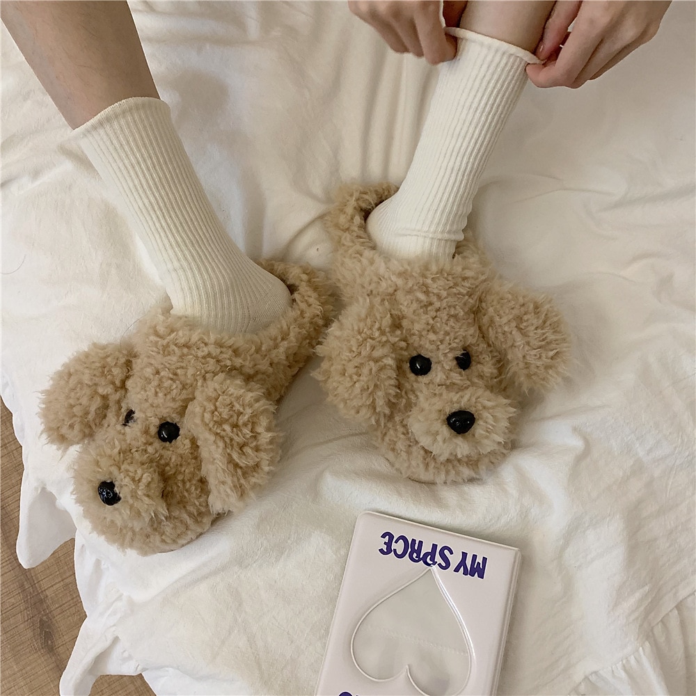 pantufas de lã com cara de cachorro fofas para mulheres – sapatos quentes e aconchegantes para ambientes internos com design de cachorrinho de pelúcia de 2025 por $18.99 -P1