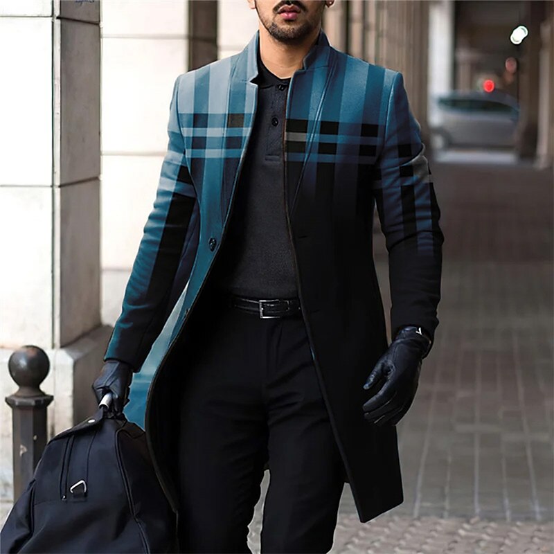 Mens Graphic Jacket Plaid Business Casual Coat Work Wear To Going Out Fall & Winter Stand Collar Long Sleeve Blue Brown Gray Xl Polyester Wool 2024 - $41.99 –P1