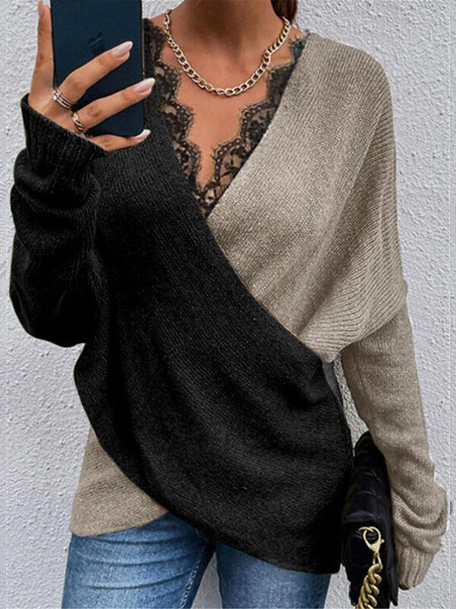 Women's Pullover Sweater Jumper Stylish Casual Soft Solid Color Ribbed V Neck Patchwork Criss Cross Lace Trims Long Sleeve Regular Tops Knit Daily Going out Weekend White Khaki Fall Winter 2025 - $52.99 –P2