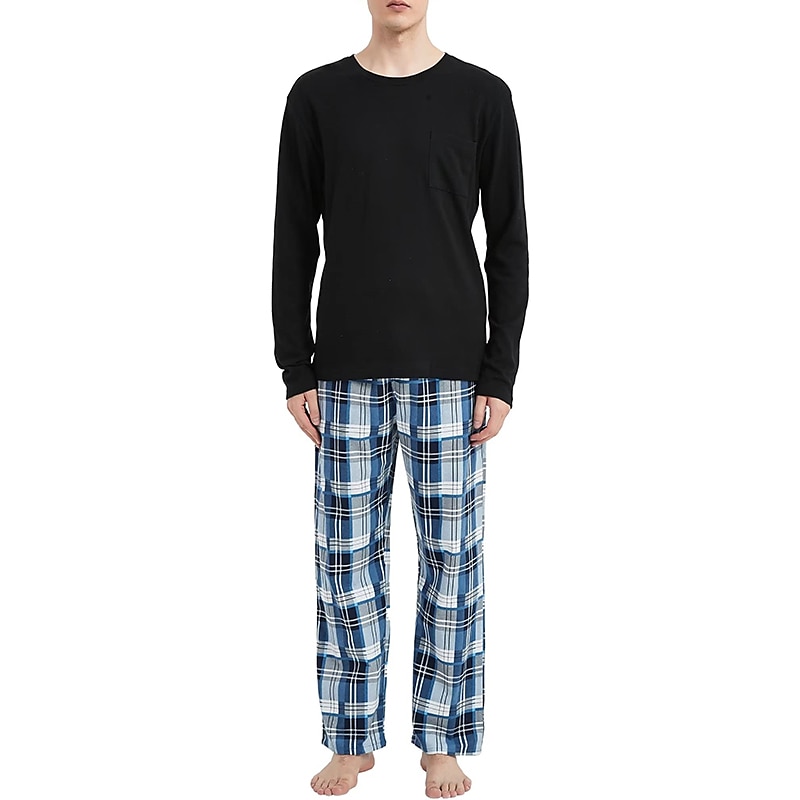 Herr Vardagsklädsel Sovkläder Pyjamas set Pyjamastopp och byxa 2 delar Rutig Stylish Ledigt Komfort Hem Dagligen Bomullsblandning Komfort Rund hals Långärmad T-shirt Byxa Snörning Elastisk midja 2025 - $33.99 –P9