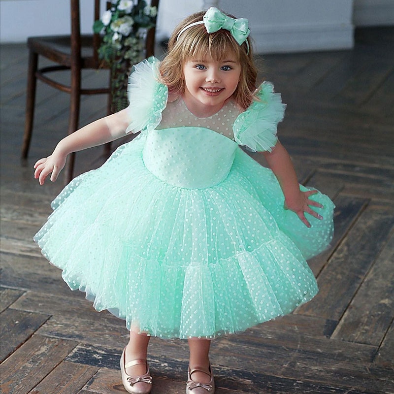 Copii Fete Rochie de petrecere Culoare solidă Manșon scurt Performanță Nuntă Zi de Naștere Dantelă Adorabil Prințesă Frumoasa Bumbac Midi Rochie de petrecere Primăvară Toamnă Iarnă 3-12 ani Alb Verde 2025 - $52.99 –P4