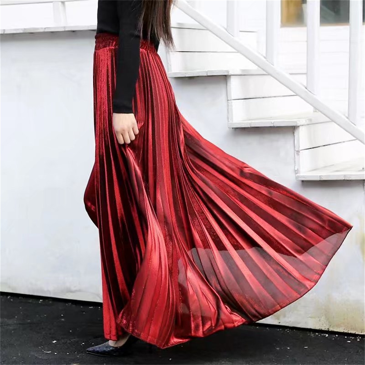 Pentru femei Fustă Linie A Leagăn Fusta lunga Elegant Modă Maxi Talie Înaltă Fuste Mată Plisată Stradă Zilnic Argintiu Roșu Vin Negru Auriu Iarnă Amestec Bumbac Catifea 2025 - $31.99 –P8