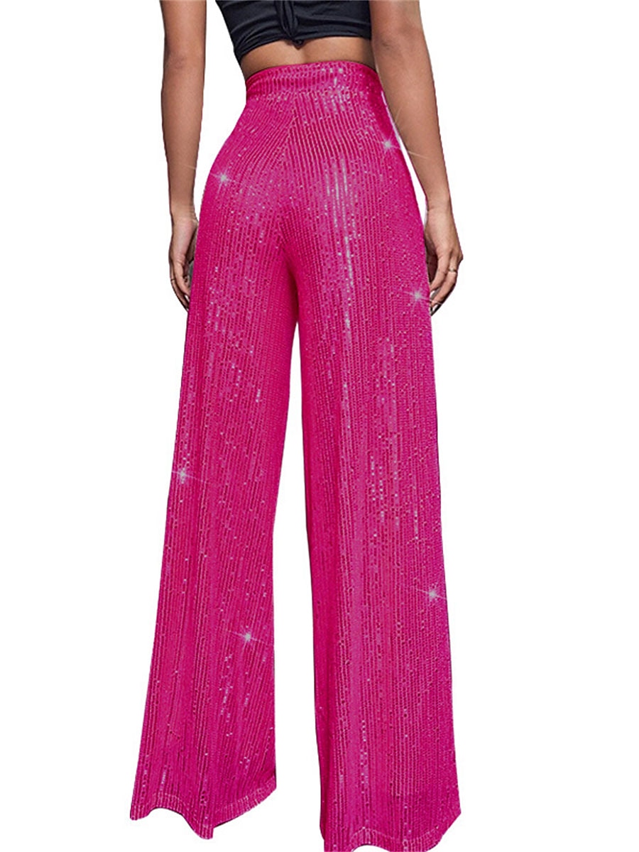 Women's Wide Leg Pants Trousers Sparkly Pants Elegant Fashion Sparkle Full Length High Waist Plain Sequins Comfy Micro-elastic Club Party Street Blue claret M beige Pink gold Summer Spring Regular Fit 2026 - $17.99 –P4