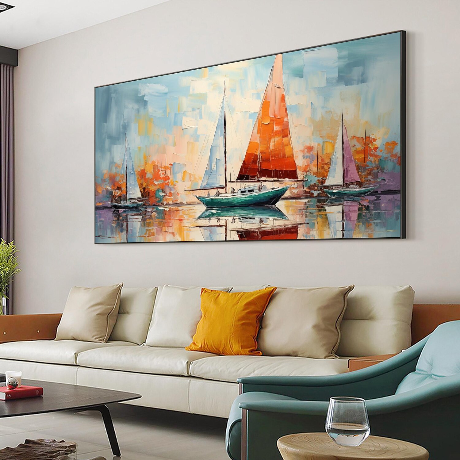 peinture à l'huile faite à la main toile mur art décor original voilier coloré en entier pour la décoration intérieure avec cadre étiré sans peinture de cadre intérieur de 2025 ? $158.99 –P9