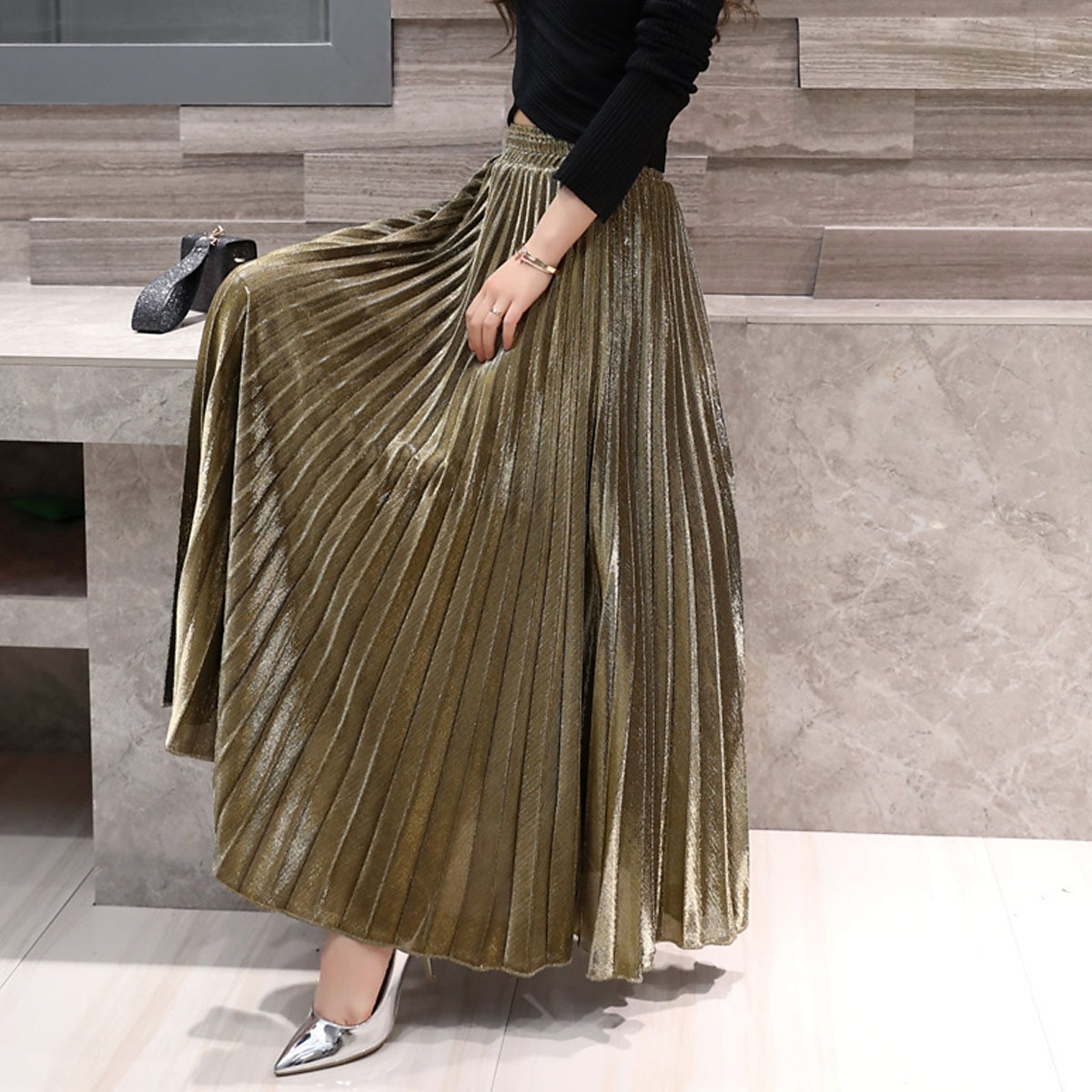 Pentru femei Fustă Linie A Leagăn Fusta lunga Elegant Modă Maxi Talie Înaltă Fuste Mată Plisată Stradă Zilnic Argintiu Roșu Vin Negru Auriu Iarnă Amestec Bumbac Catifea 2025 - $31.99 –P16