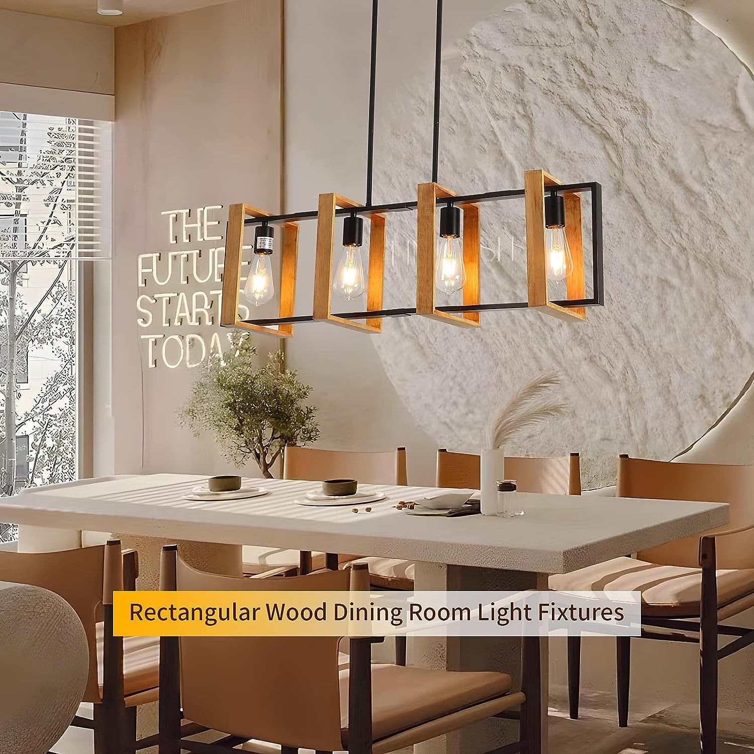 Kitchen Island Lighting, 4 - Light Dining Room Farmhouse Pendant Light, Black Modern Pendant Light, Pool Table Lamp, Wood and Matte Black Metal Finish (4 Heads, Wood) 110-240V 2025 - $249.39 –P10