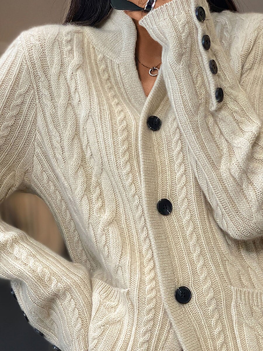 Women's Cardigan Sweater V Neck Cable Knit Polyester Button Pocket Fall Winter Short Daily Going out Weekend Stylish Casual Soft Long Sleeve Solid Color White Camel Brown S M L 2023 - US $28.99 –P5