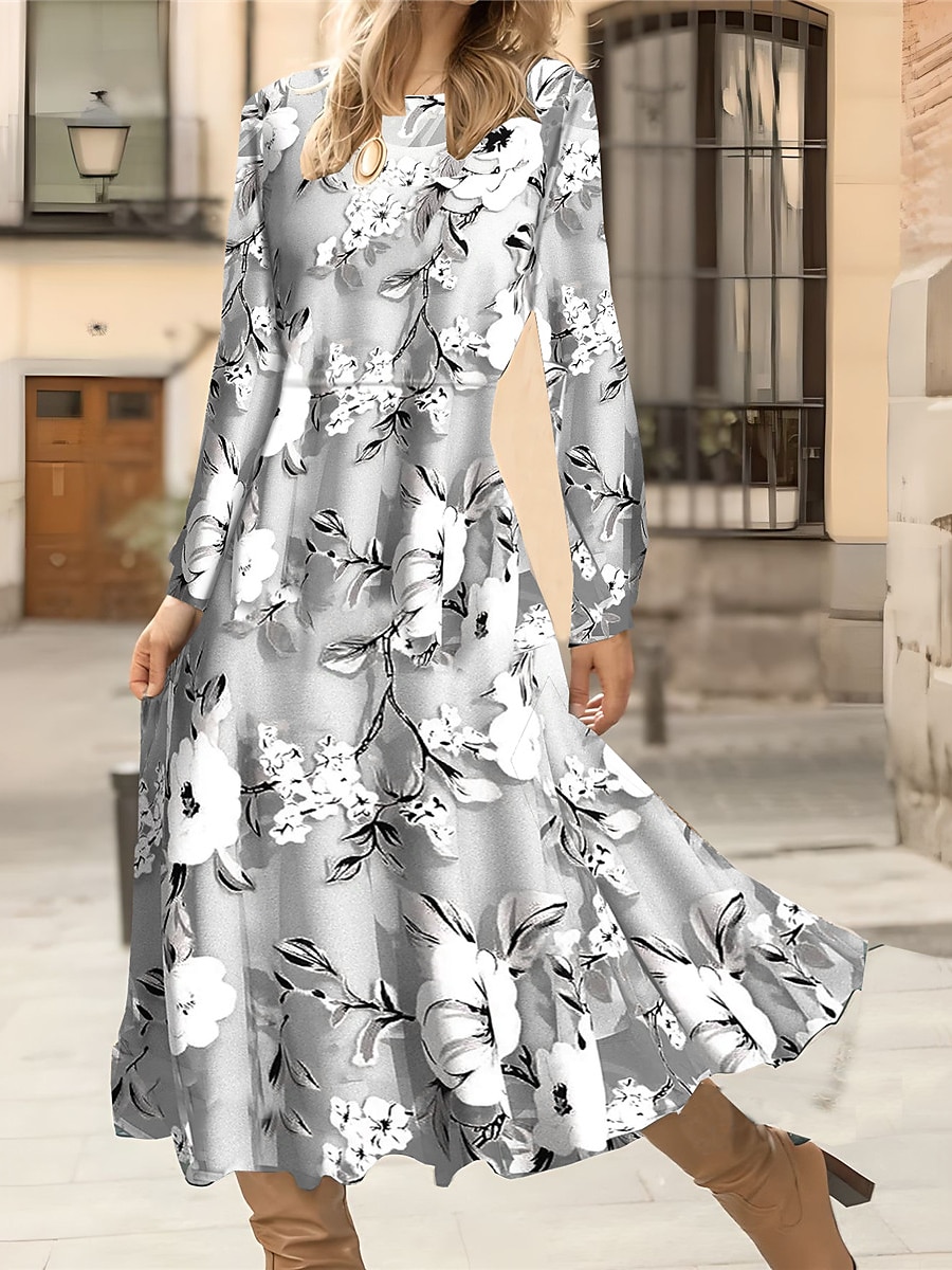 Damklänning midi A-linjeformad klänning casual klänning vinter klänning swing klänning mode streetwear mognad formal utomhus semester regular fit blommig lång ärm crew neck svart röd grön grå höst 2025 - $36.99 –P3