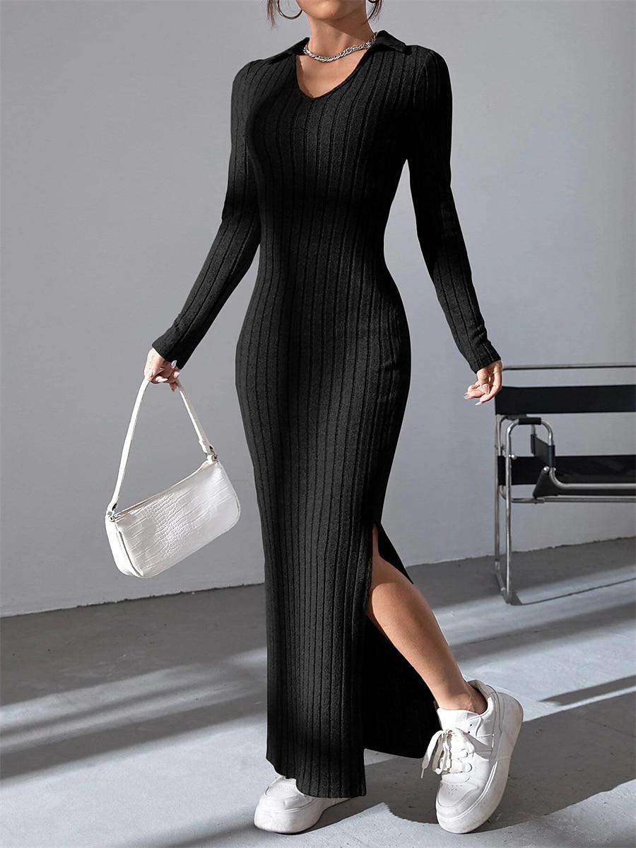 Women's Sweater Dress Winter Dress Jumper Dress Long Dress Maxi Dress Split Daily Date Going out Active Fashion V Neck Long Sleeve 2023 Slim Black Brown Color S M L Size 2023 - US $26.99 –P2