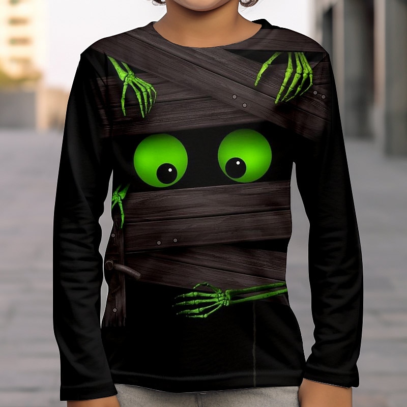 Gutt 3D Hodeskaller 3D Print T skjorte T-skjorte Langermet 3D-utskrift Høst Vinter Sport Mote Gatemote Barn 3-12 år utendørs Halloween Normal 2025 - $13.99 –P6