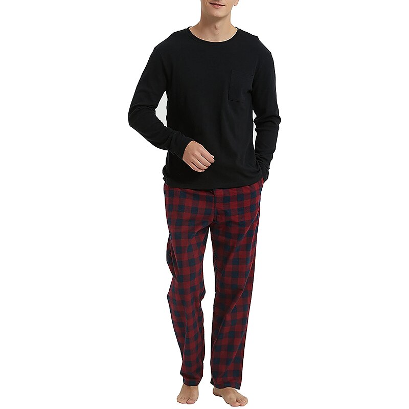 Herr Vardagsklädsel Sovkläder Pyjamas set Pyjamastopp och byxa 2 delar Rutig Stylish Ledigt Komfort Hem Dagligen Bomullsblandning Komfort Rund hals Långärmad T-shirt Byxa Snörning Elastisk midja 2025 - $33.99 –P5