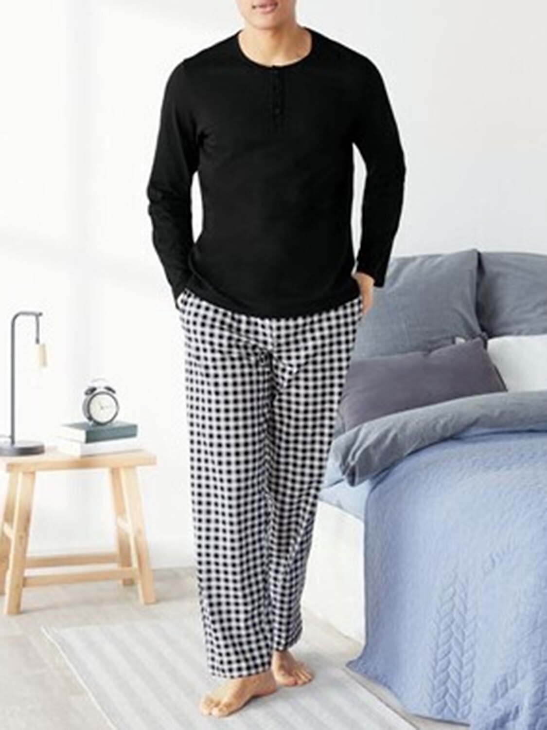 Herren Hausanzug Schlafanzüge Schlafanzug Set Pyjama-Oberteil und Hose 2 Stück Plaid Stilvoll Brautkleider schlicht Komfort Heim Täglich Baumwollmischung Komfort Rundhalsausschnitt Langarm T Shirt 2026 - $35.99 –P1