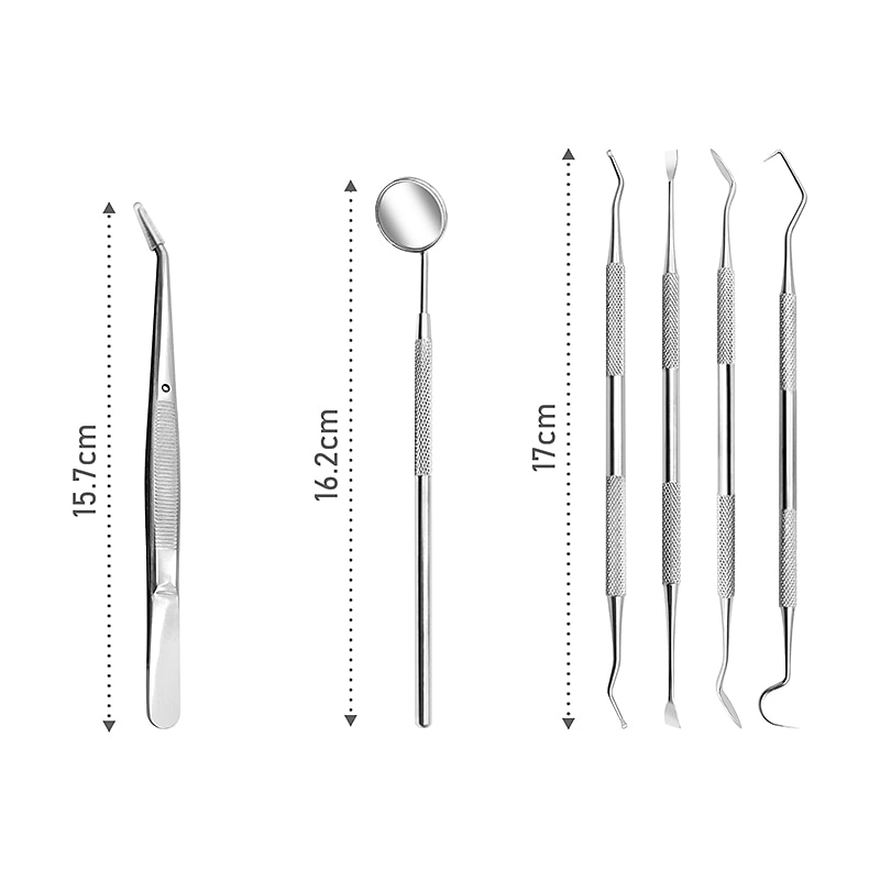 6 stk tannverktøy - plakkfjerner for tenner - rengjøringssett for profesjonell tannhygiene 6 stk munnpleiesett i rustfritt stål med pinsett tannstein skalar munnspeil 2025 - $14.99 –P2
