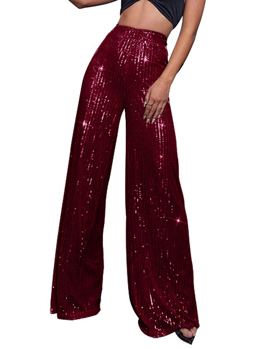 Women's Wide Leg Pants Trousers Sparkly Pants Elegant Fashion Sparkle Full Length High Waist Plain Sequins Comfy Micro-elastic Club Party Street Blue claret M beige Pink gold Summer Spring Regular Fit 2026 - $17.99 –P23