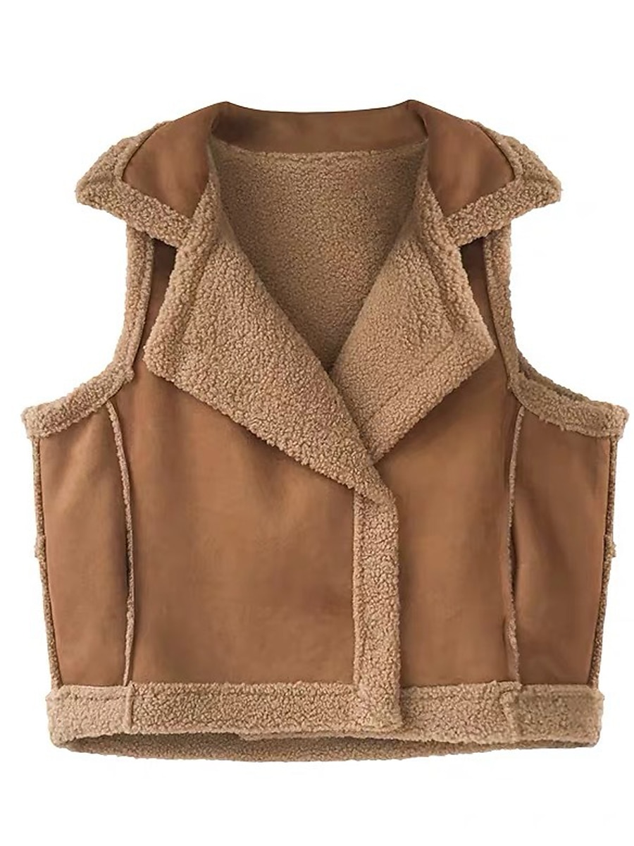 Women's Suede Vest Shearling Vest Fleece Lined Teddy Gilet Sleeveless Sherpa Jacket Winter Coat Fall Warm Windproof Lapel Coat Casual Street Plain  Khaki Beige Gray 2023 - US $31.99 –P4