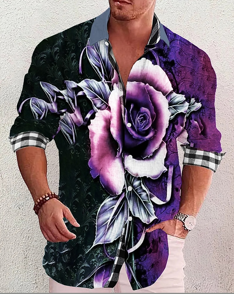 Men's Floral Shirt Aloha Shirt Long Sleeve Fashion Streetwear Designer Outdoor Casual Daily Summer Spring Fall Turndown Print Black White Red Navy Blue Light Purple 2025 - $25.99 –P12