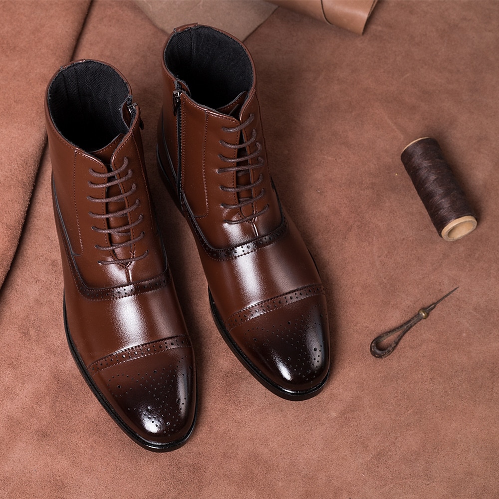 Heren bruine imitatieleren brogue enkellaarsjes – vintage veterontwerp met wingtip-details en duurzame zool voor formele en informele gelegenheden 2025 - $59.99 –P4