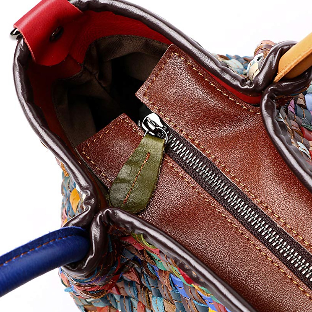bolsa tote feminina de couro trançado multicolorido com alças duplas e estilo boho patchwork, bolsa de ombro grande para viagens, eventos de arte e uso diário casual de 2026 por $99.99 –P12