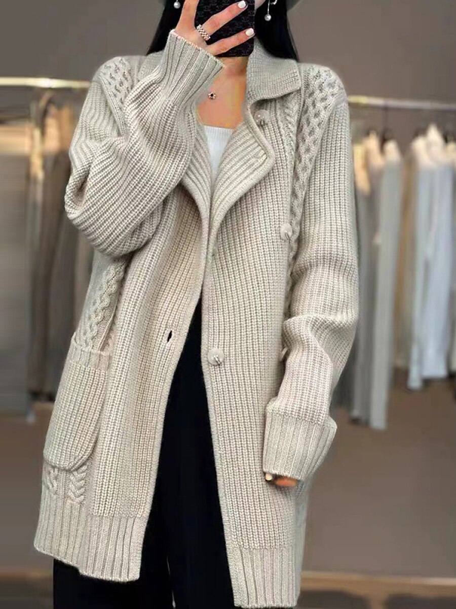 Women's Cardigan Sweater Shirt Collar Ribbed Cable Knit Polyester Lace up Patchwork Button Fall Winter Long Daily Going out Weekend Stylish Casual Soft Long Sleeve Solid Color Camel S M L 2023 - US $35.99 –P2