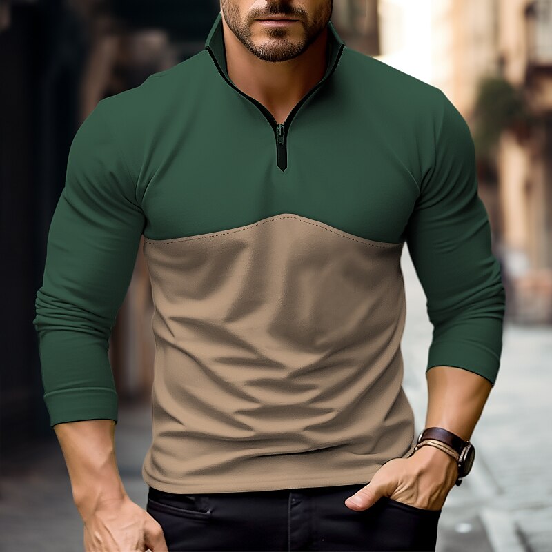 Herren T Shirt Halb-Zip-Shirt T-Shirt Langarmshirt Langarm Viertelreißverschluss Frühling & Herbst Farbblock Mode Designer Basic Patchwork Urlaub Straße Ausgehen Gelb Orange Braun Top T-Shirt für 2025 - $21.99 –P2