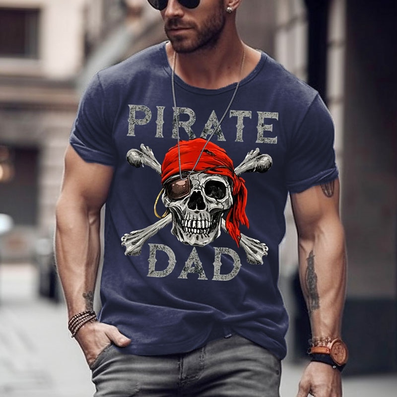 Camiseta Gráfica de Pai Pirata Masculina Design de Caveira Manga Curta Presente Engraçado para o Dia dos Pais de 2026 por $17.49 –P4