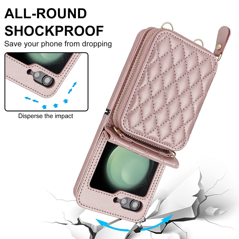 Phone Case For Samsung Galaxy Z Flip 7 Z Flip 6 Z Flip 5 Z Flip 4 Z Flip 3 Back Cover Wallet Case Zipper with Lanyard with Wrist Strap Retro TPU PU Leather 2025 - $29.99 –P3