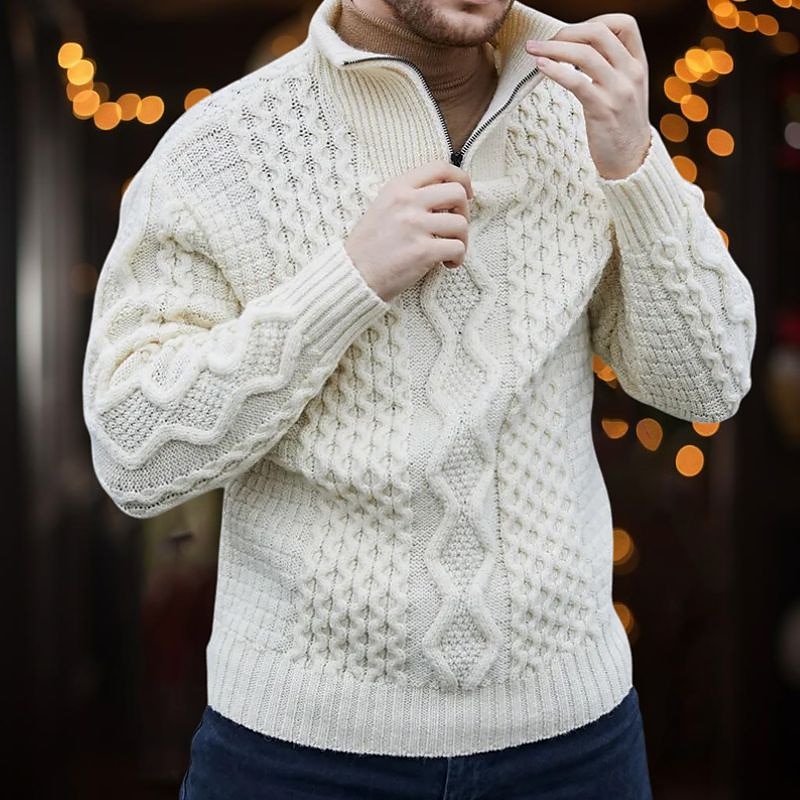 Homens Pulôver irlandês Pulôveres Aran camisolas de natal Pulôver suéter Suéter com zíper de um quarto Estriado Cabo Tricotar Padrão Half Zip Tricotado Tecido Colarinho Chinês Contemporâneo Moderno de 2025 por $44.99 –P1