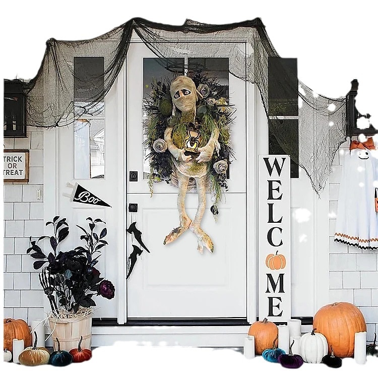 Halloween aterrador momia corona de bienvenida signo momia halloween puerta redonda placa colgante para halloween acción de gracias navidad decoración del hogar corona de bienvenida de halloween 2025 - $51.99 –P3