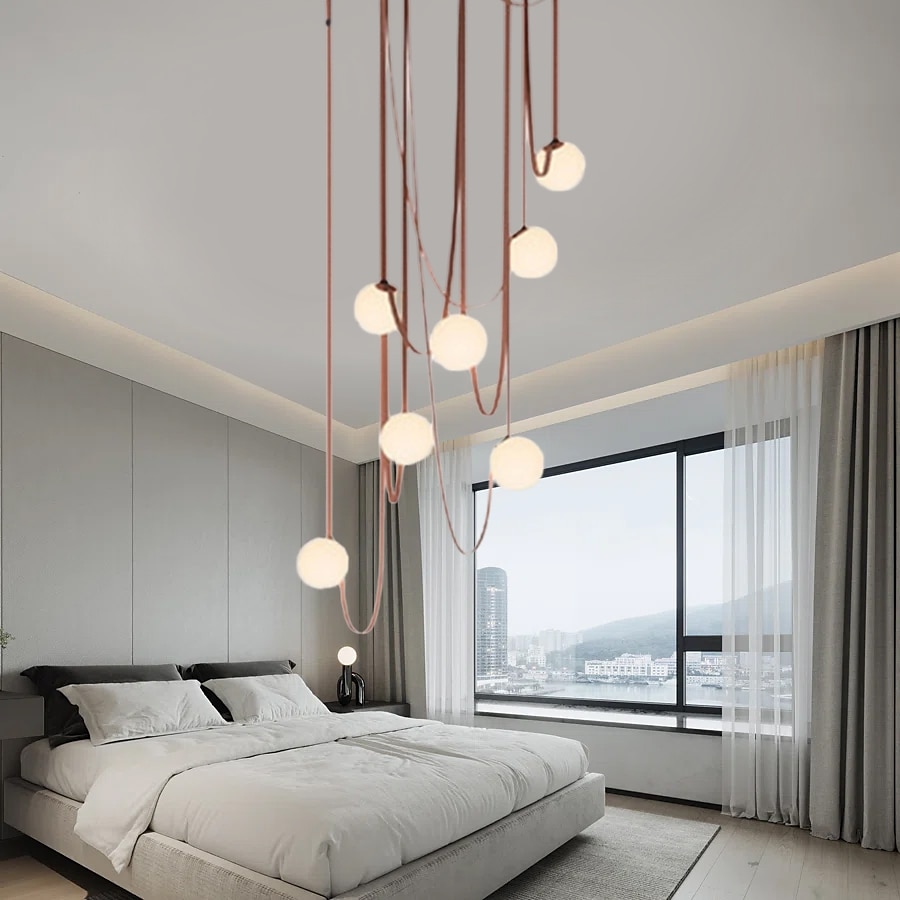 Lámpara colgante LED de 1/3/5/7 luces con diseño de racimo, lámpara de araña de cuerda de cáñamo con globo de cristal, lámpara colgante moderna de color negro y rosa, lámpara colgante de montaje 2025 - $229.99 –P6