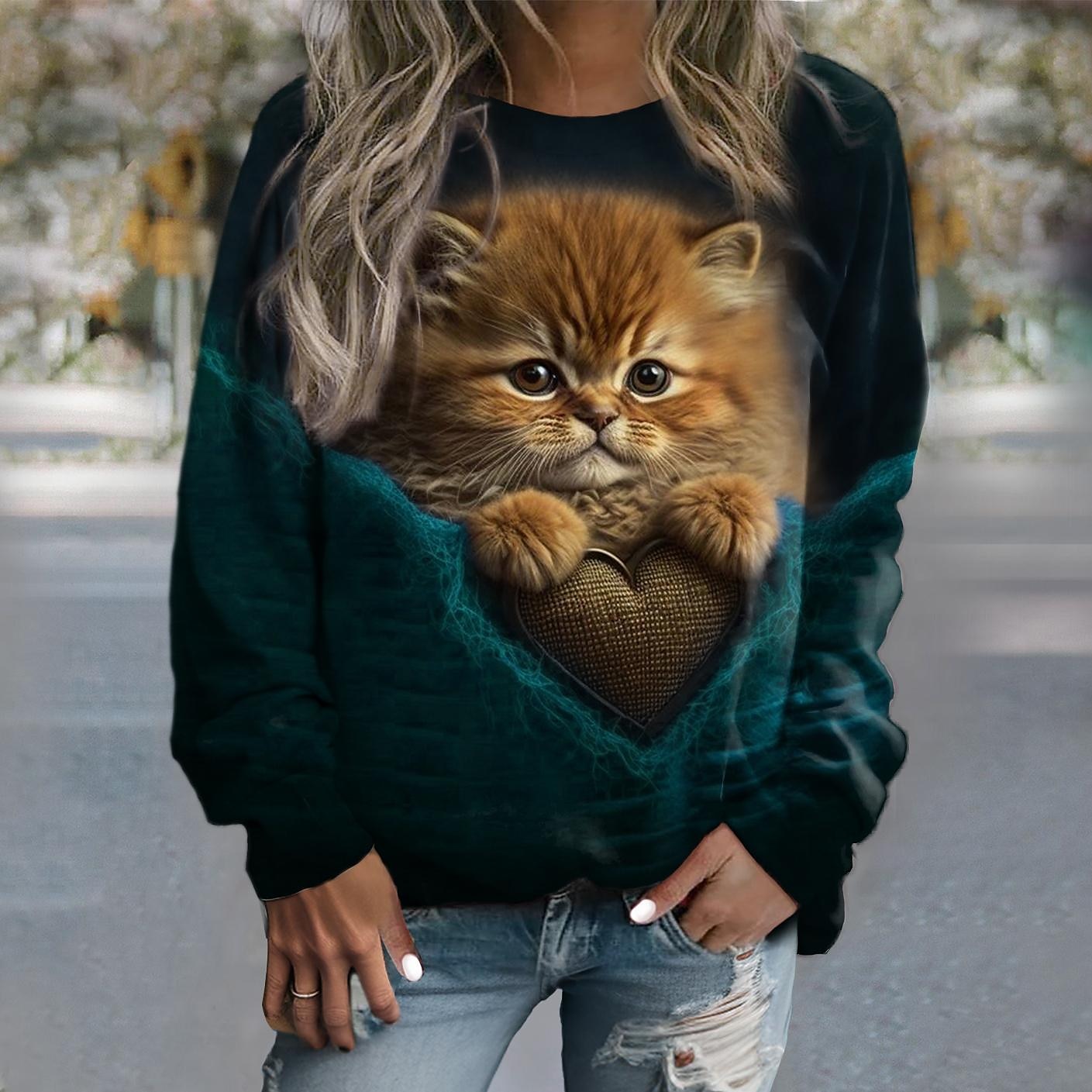 Sudadera de mujer con estampado de gato, informal, deportiva, activa, cuello redondo, manga larga, top microelástico, caída&Tejido suave, transpirable y cómodo para el invierno. 2025 - $27.99 –P1
