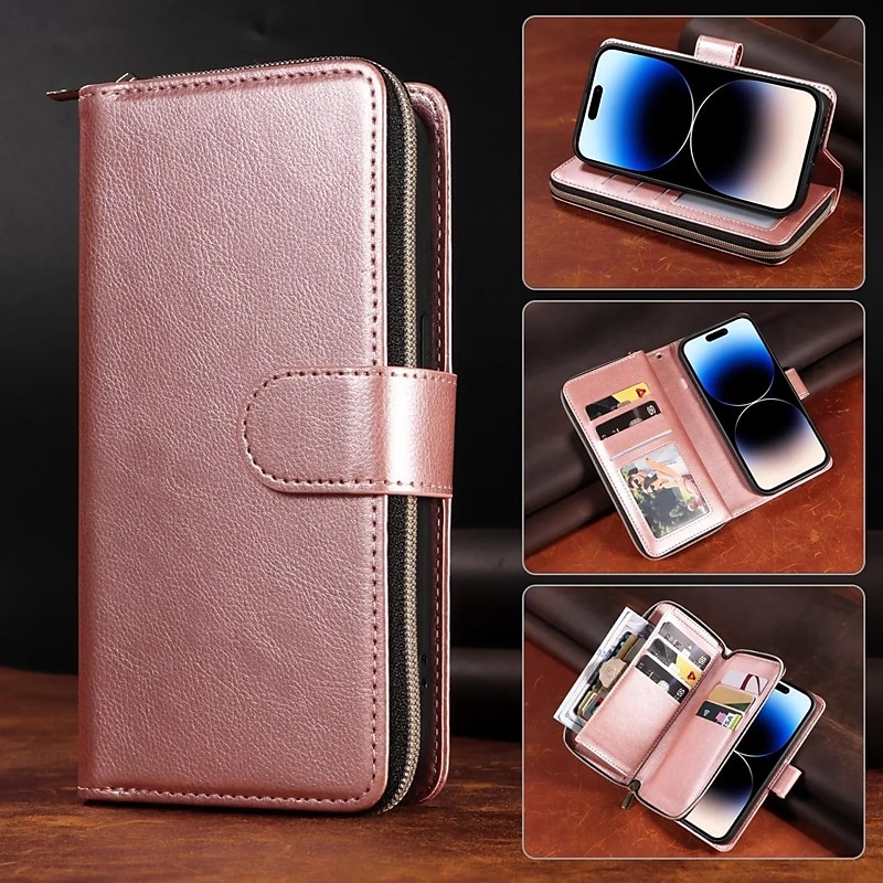 Custodia per iPhone 16 iPhone 15 Pro Max Plus iPhone 14 13 12 11 Pro Max X XR XS 8 7 Plus custodia wallet con supporto magnetico zip retro TPU PU pelle del 2025 a $25.99 –P1