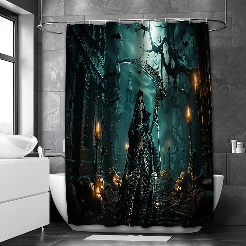 Cortina de chuveiro de terror de Halloween com ganchos para cortina de chuveiro de banheiro conjunto de decoração de banheiro de poliéster à prova d'água 12 pacotes de ganchos de plástico decoração de de 2025 por $19.99 –P8