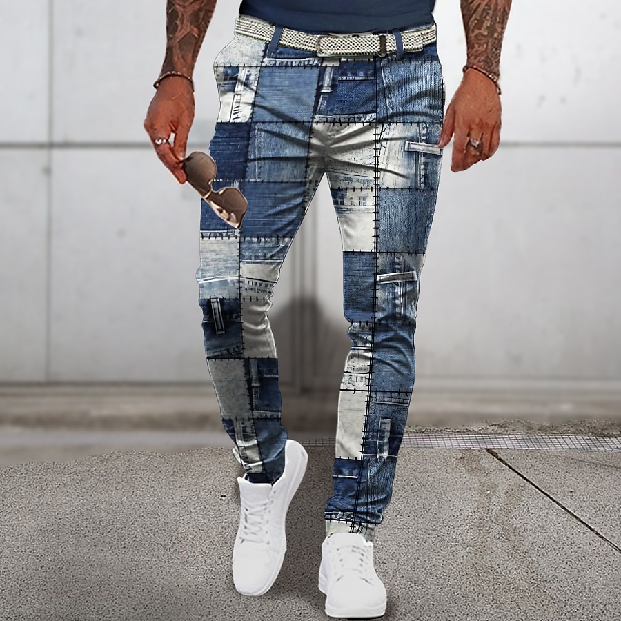 Patchwork Pattern Plaid Geometry Men's Business 3D Printed Dress Pant Trousers Classic Fit Flat Front Pant Navy Blue Mid Waist Outdoor Street Wear S TO 3XL 2025 - $35.99 –P7