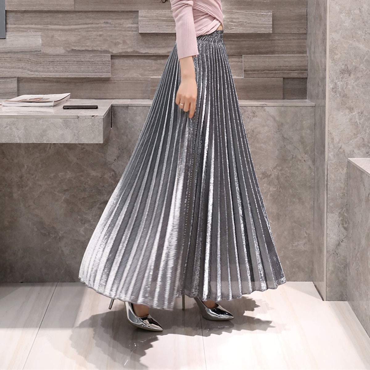Pentru femei Fustă Linie A Leagăn Fusta lunga Elegant Modă Maxi Talie Înaltă Fuste Mată Plisată Stradă Zilnic Argintiu Roșu Vin Negru Auriu Iarnă Amestec Bumbac Catifea 2025 - $31.99 –P11