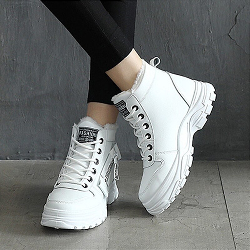 Women's Sneakers Platform Sneakers Outdoor Daily Summer Winter Flat Heel Round Toe Fashion Sporty Casual Walking PU Lace-up Black White 2023 - AED 109 –P1