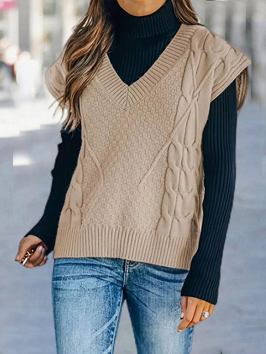 Women's Sweater Vest V Neck Cable Knit Acrylic Oversized Fall Winter Regular Daily Going out Weekend Stylish Casual Soft Sleeveless Solid Color Black Yellow Beige S M L 2023 - US $26.99 –P1