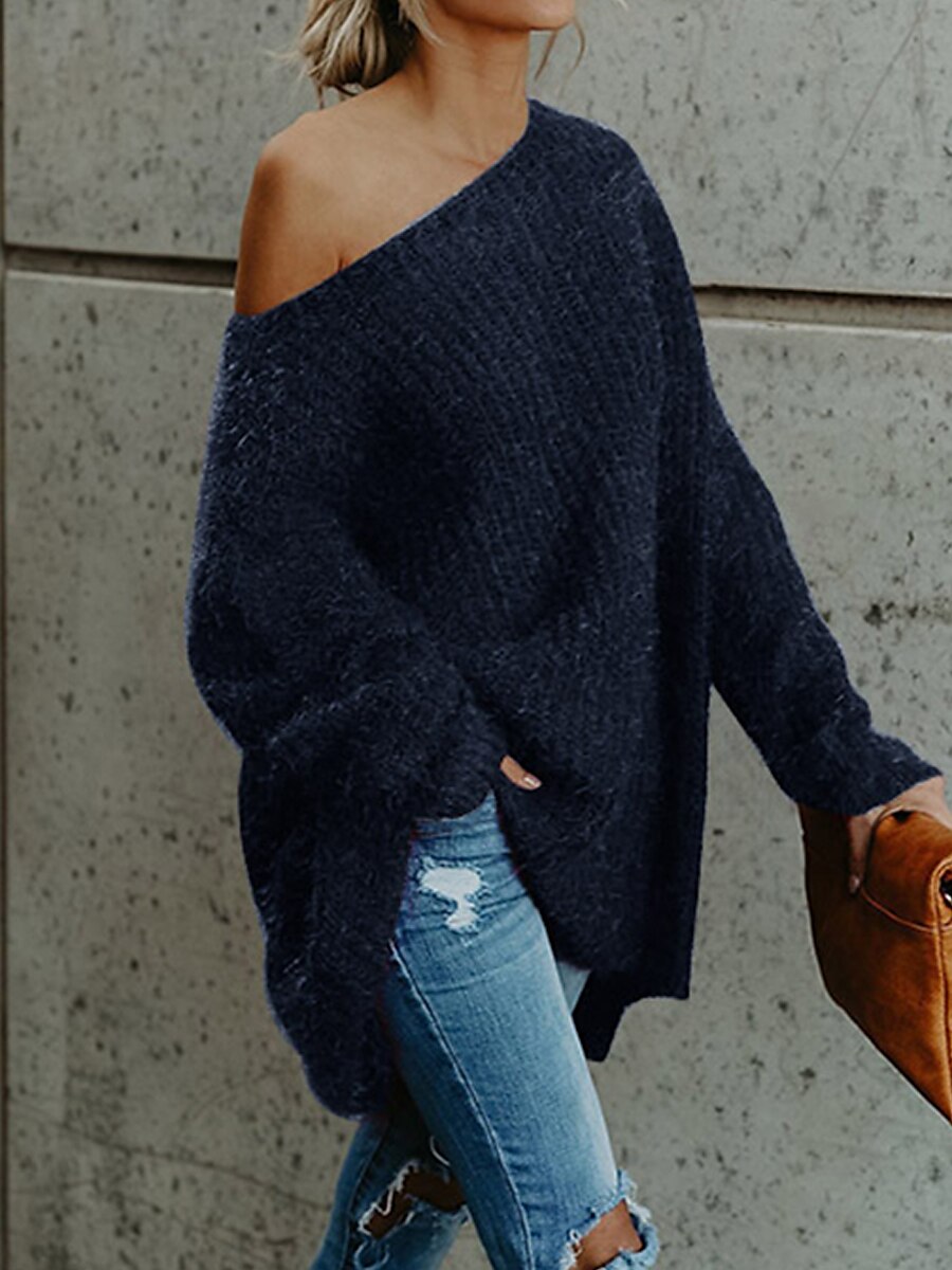 Dame Pullover genser Stilfull Fritid Myk Helfarge Riflet Enskuldret Kald skulder Langermet Kort Strikke Daglig Ut på byen Helg Rosa Navyblå Høst Vinter 2025 - $27.99 –P2