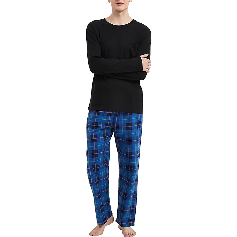 Herr Vardagsklädsel Sovkläder Pyjamas set Pyjamastopp och byxa 2 delar Rutig Stylish Ledigt Komfort Hem Dagligen Bomullsblandning Komfort Rund hals Långärmad T-shirt Byxa Snörning Elastisk midja 2025 - $33.99 –P17
