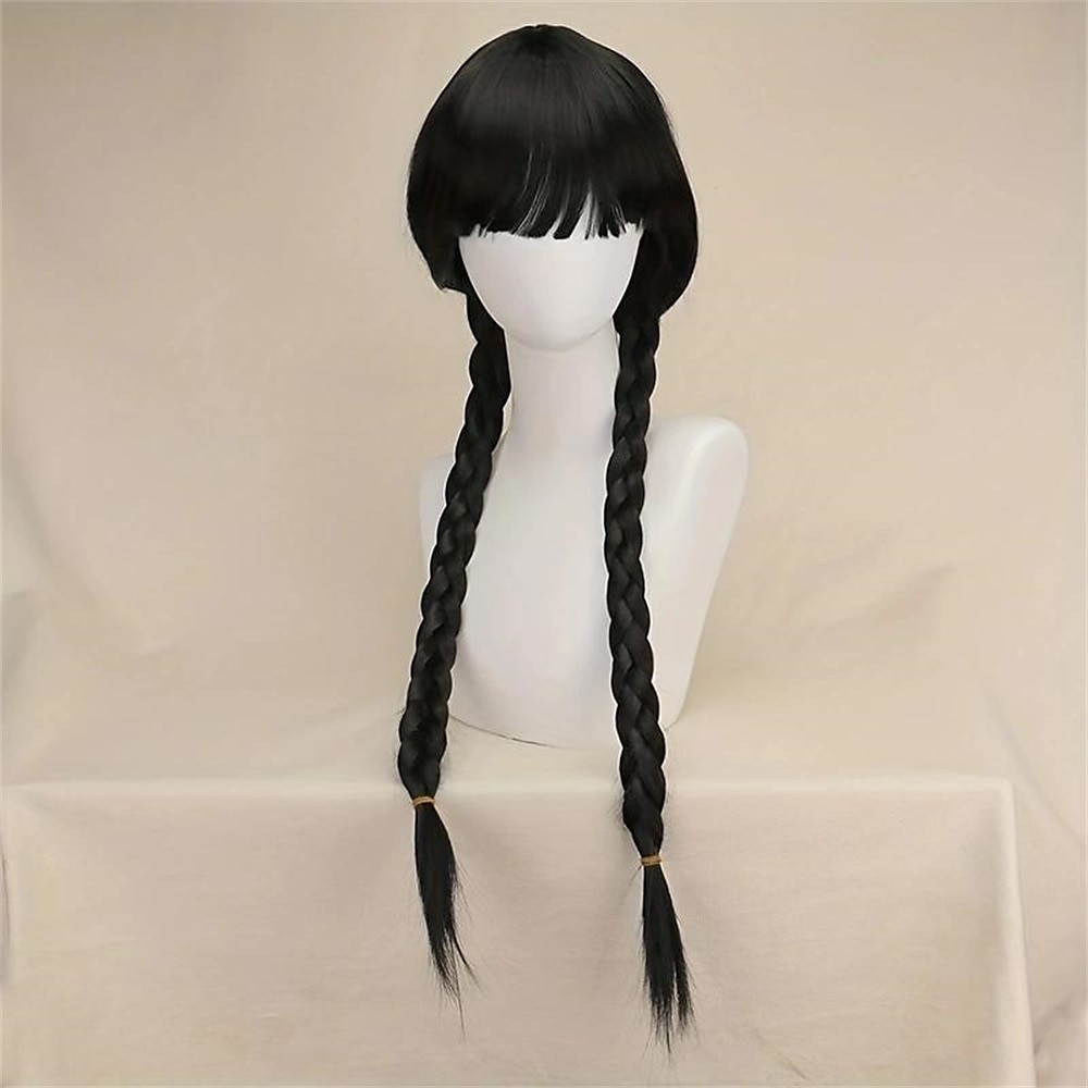 perruque synthétique mercredi droite avec 2 queues de cheval perruque fabriquée à la machine cheveux synthétiques longs noirs femmes doux naturel fête noir perruques d'Halloween de 2025 ? $22.99 –P2