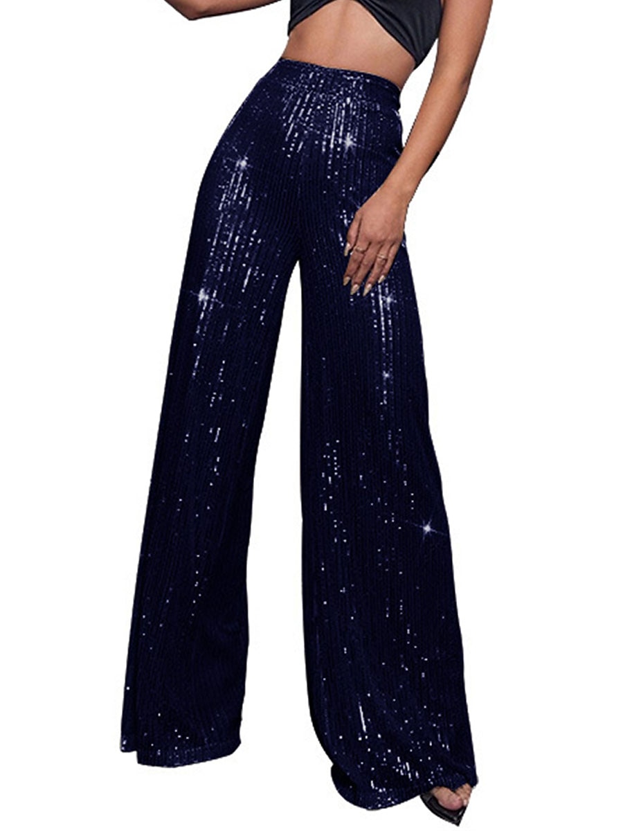 Women's Wide Leg Pants Trousers Sparkly Pants Elegant Fashion Sparkle Full Length High Waist Plain Sequins Comfy Micro-elastic Club Party Street Blue claret M beige Pink gold Summer Spring Regular Fit 2026 - $17.99 –P25