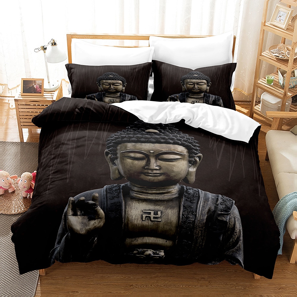 buddha mønstertrykk dynetrekk sengetøy sett dynetrekk med 1 trykktrykk dynetrekk eller trekk，2 putevar for dobbel/dronning/konge 2025 - $45.99 –P7
