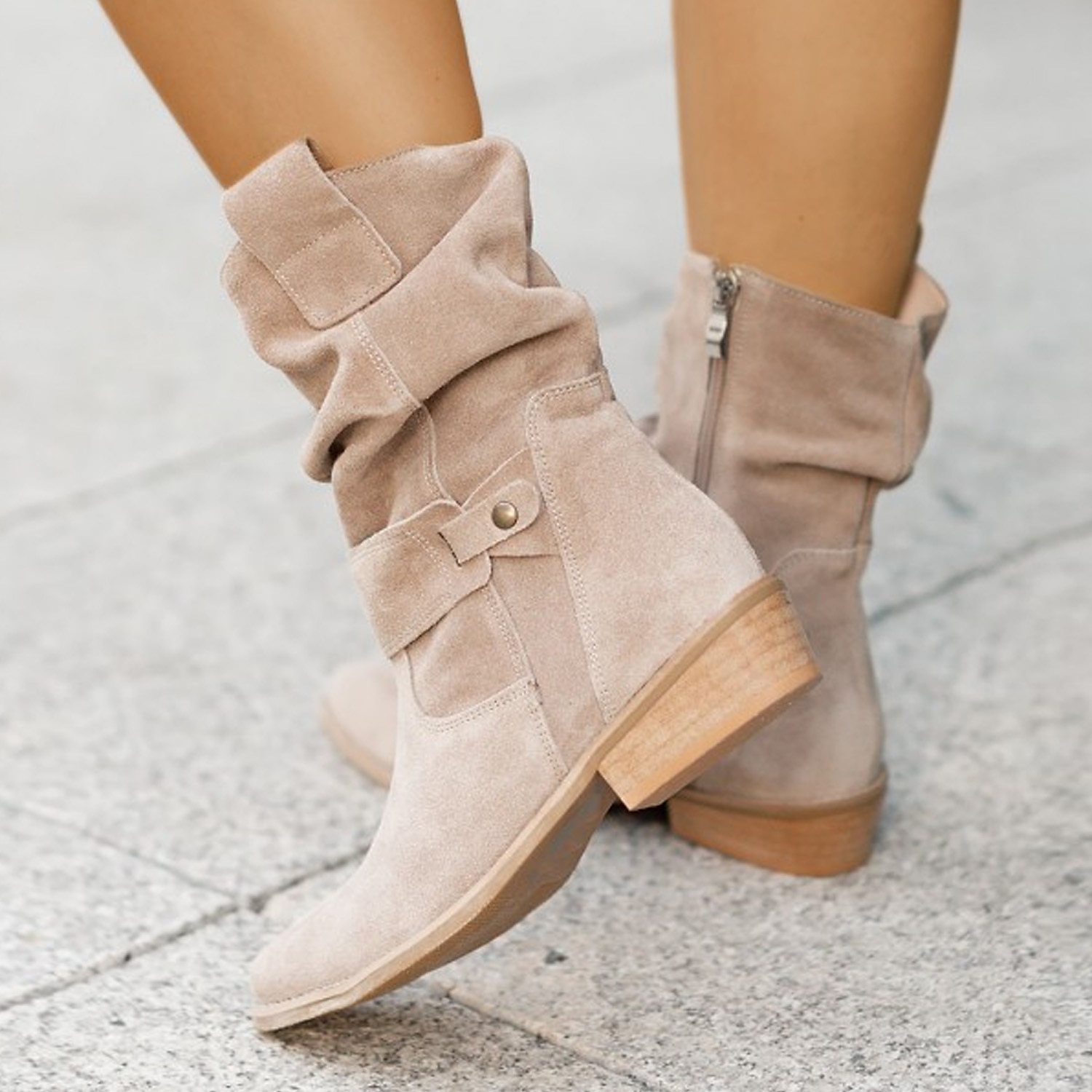 Women's Casual Beige Faux Suede Slouchy Ankle Boots with Buckle Detail - Perfect for Everyday Wear, Autumn Outings, and Casual Gatherings 2025 - $54.99 –P2