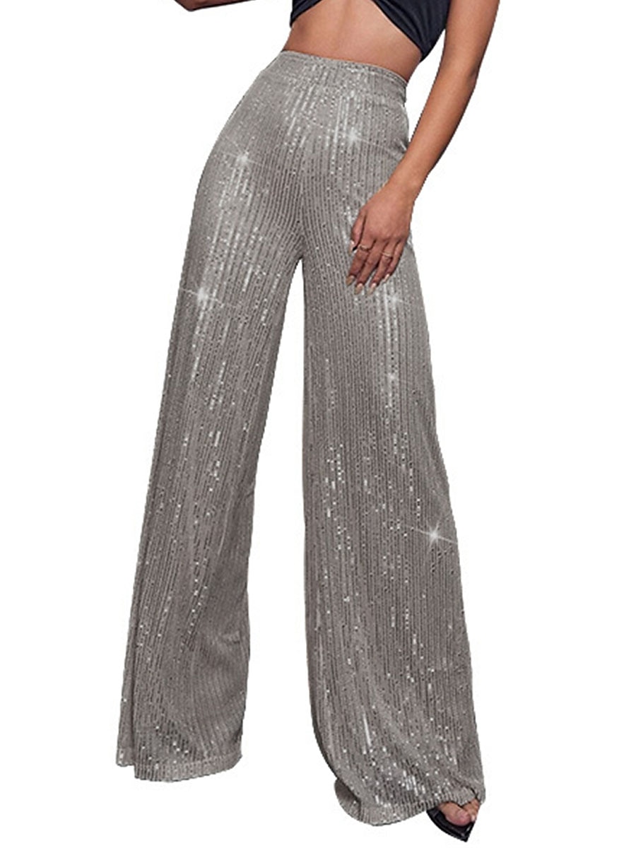 Women's Wide Leg Pants Trousers Sparkly Pants Elegant Fashion Sparkle Full Length High Waist Plain Sequins Comfy Micro-elastic Club Party Street Blue claret M beige Pink gold Summer Spring Regular Fit 2026 - $17.99 –P17