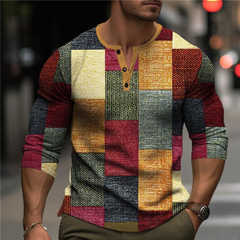 Per uomo Grafico Plaid Blocco di colori Maglia Henley Maglietta a nido d'ape Manica Lunga Stampa 3D Moda Designer Casual Sport all'Aperto Ferie Festival Primavera & Autunno Blu Arancione Verde Grigio del 2026 a $24.99 –P1