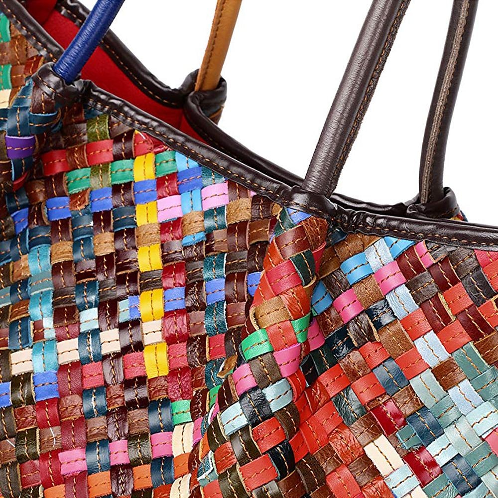 bolsa tote feminina de couro trançado multicolorido com alças duplas e estilo boho patchwork, bolsa de ombro grande para viagens, eventos de arte e uso diário casual de 2026 por $99.99 –P10