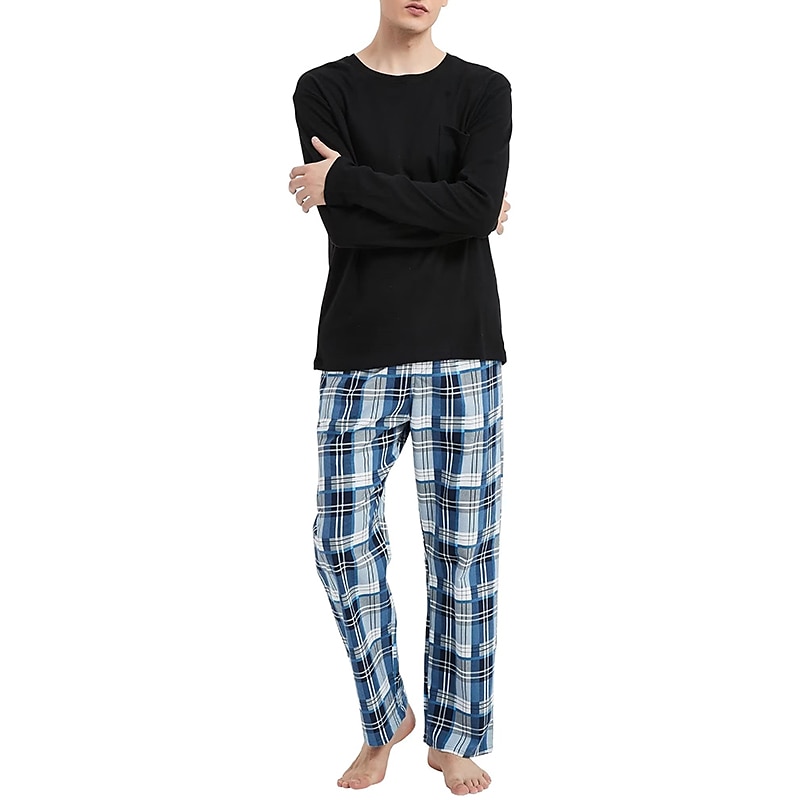 Herr Vardagsklädsel Sovkläder Pyjamas set Pyjamastopp och byxa 2 delar Rutig Stylish Ledigt Komfort Hem Dagligen Bomullsblandning Komfort Rund hals Långärmad T-shirt Byxa Snörning Elastisk midja 2025 - $33.99 –P10