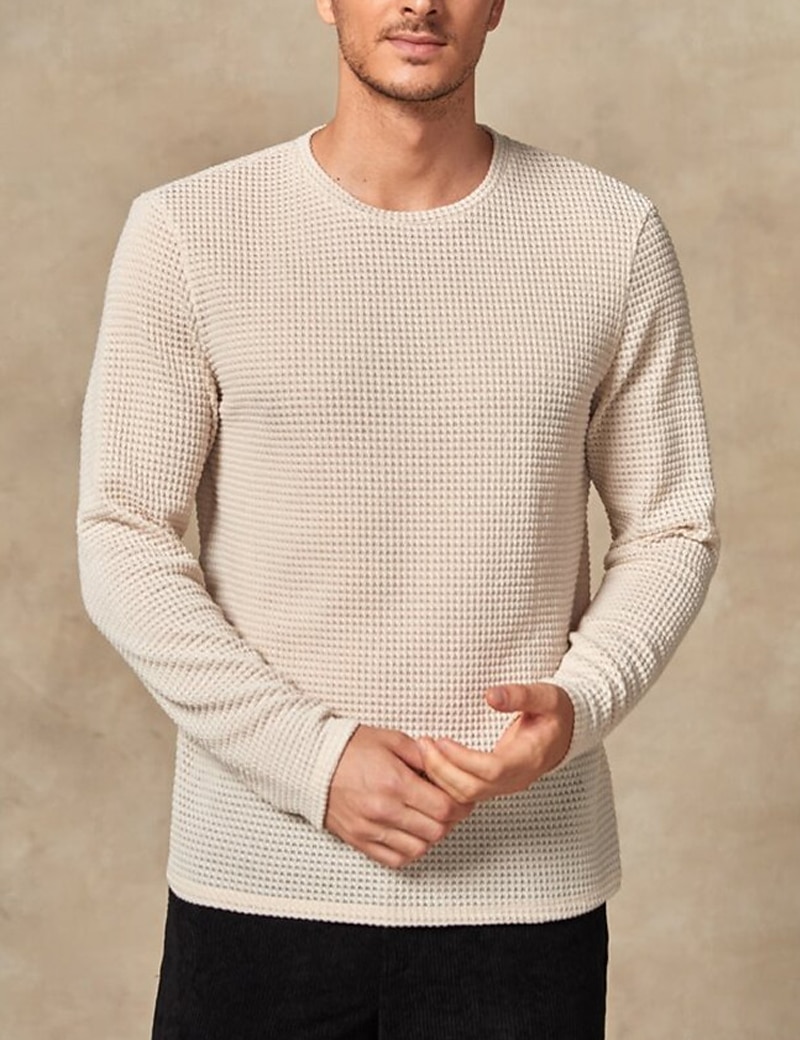 Herren Waffel-T-Shirt Waffelhemd T Shirt T-Shirt Langarm Rundhalsausschnitt Frühling & Herbst Einfach Mode Designer Basic Urlaub Straße Ausgehen Beige Top T-Shirt für Herren 2026 - $23.99 –P2
