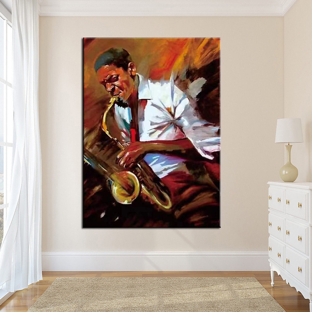 Handgefertigtes Jazz-Figurengemälde, modernes, feines Kunstwerk, die neueste Hoteldekoration, handgemaltes Musiker-Jazzspieler-Ölgemälde, Wandkunst, Studio-Dekor, Geschenk für Dekor, gerollte Leinwand 2025 - $77.99 –P3