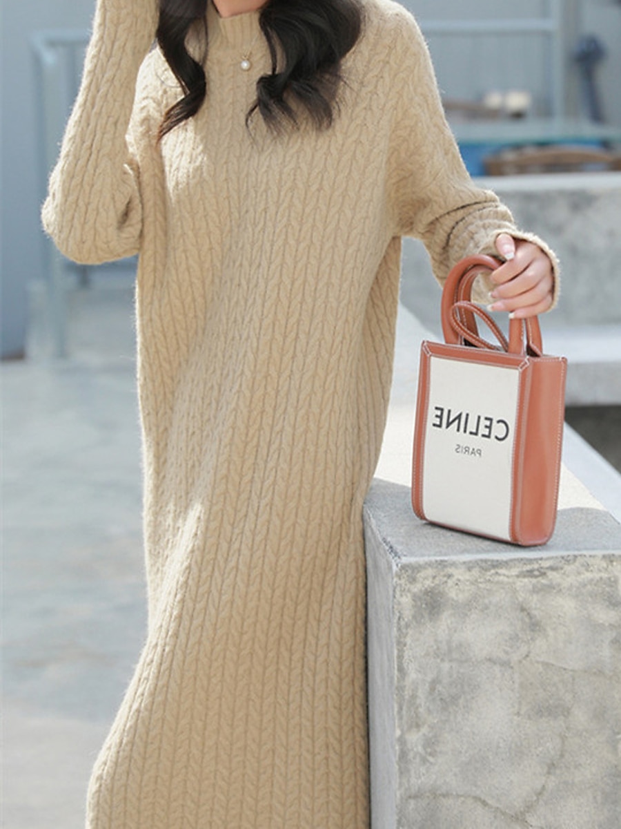 Women's Sweater Dress Jumper Dress Casual Dress Midi Dress Fashion Pure Color Outdoor Daily Vacation Going out V Neck Long Sleeve Patchwork 2023 Regular Fit Black khaki Beige One Size 2023 - US $31.99 –P4